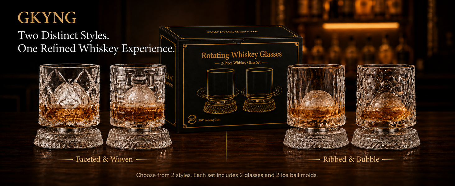 GKYNG Barware rotating tumbler styles and retail packaging
