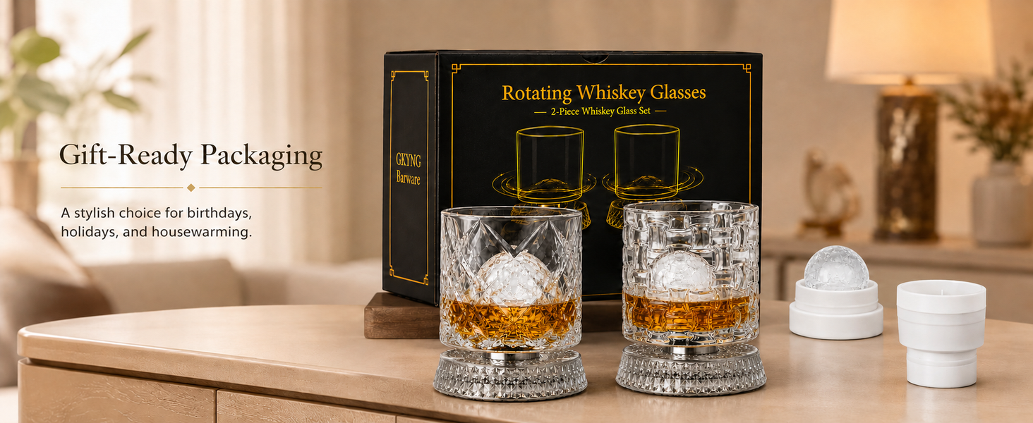 GKYNG Barware glass tumbler set with retail packaging in a home setting